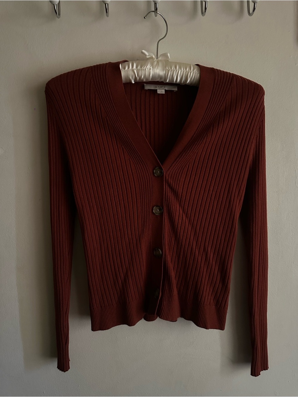 Loft Rust Ribbed V-Neck Button Front Sweater - Picture 3 of 3